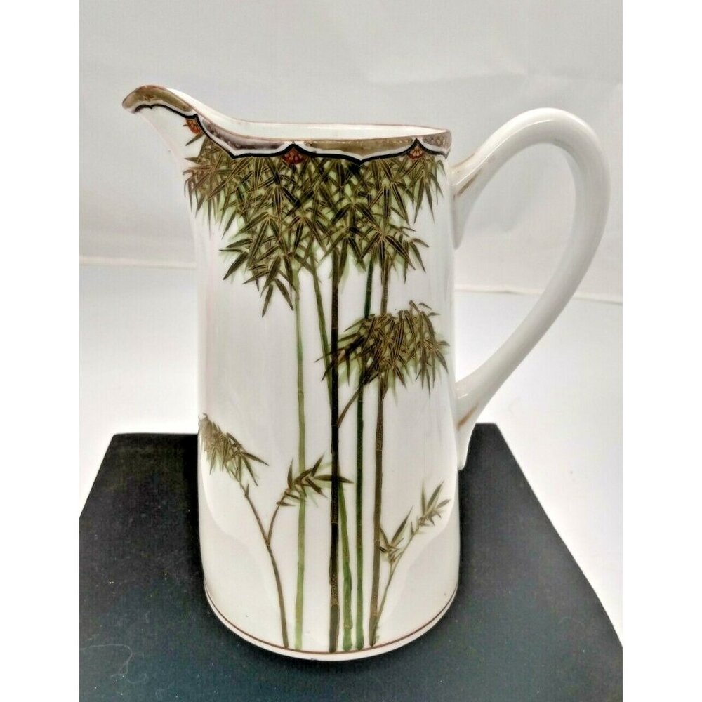 Asian Hand Painted Ceramic Pitcher - Bamboo Trees 6.5" Tall - Marked